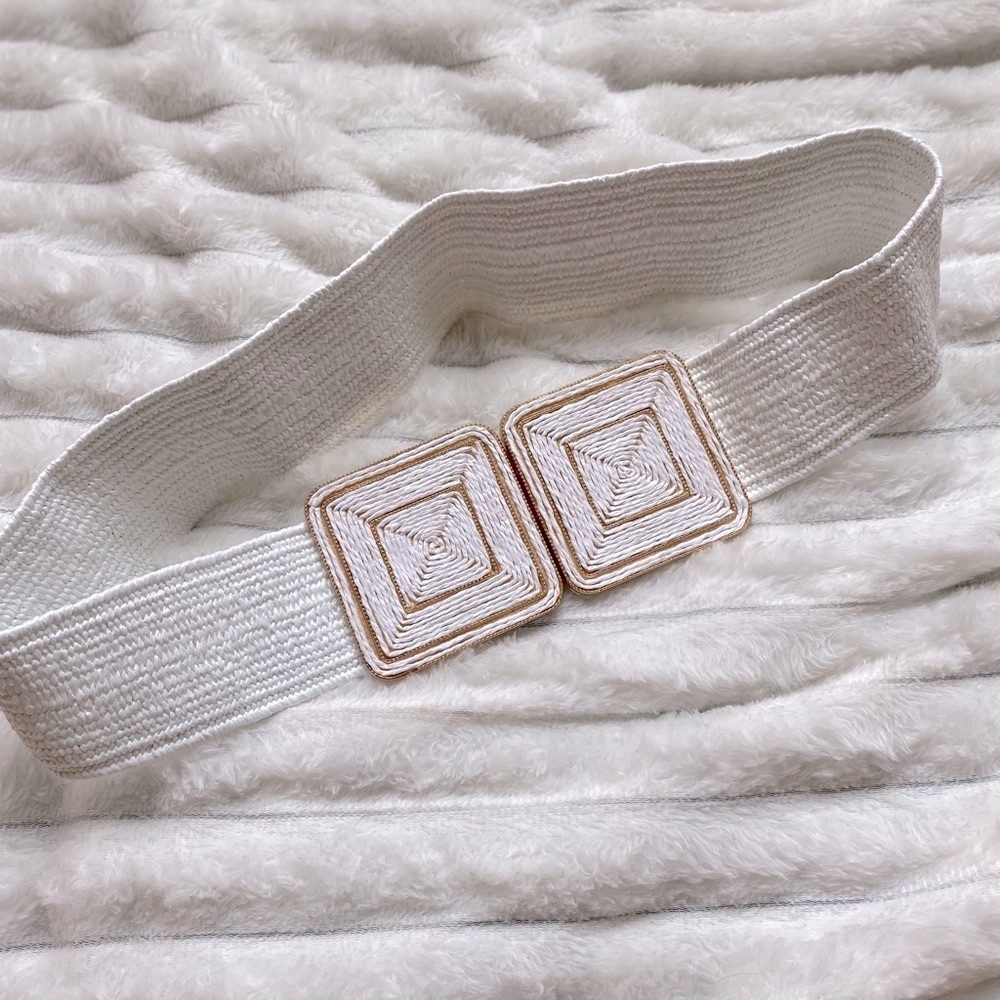 NWOT Boho Chic White Stretch Belt with Gold & White Square Buckle